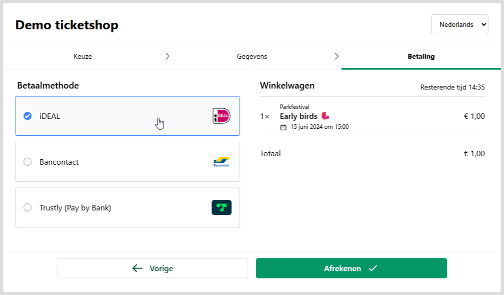 Betaalmethode selecteren in de ticketshop Betaalmethode iDEAL in de ticketshop