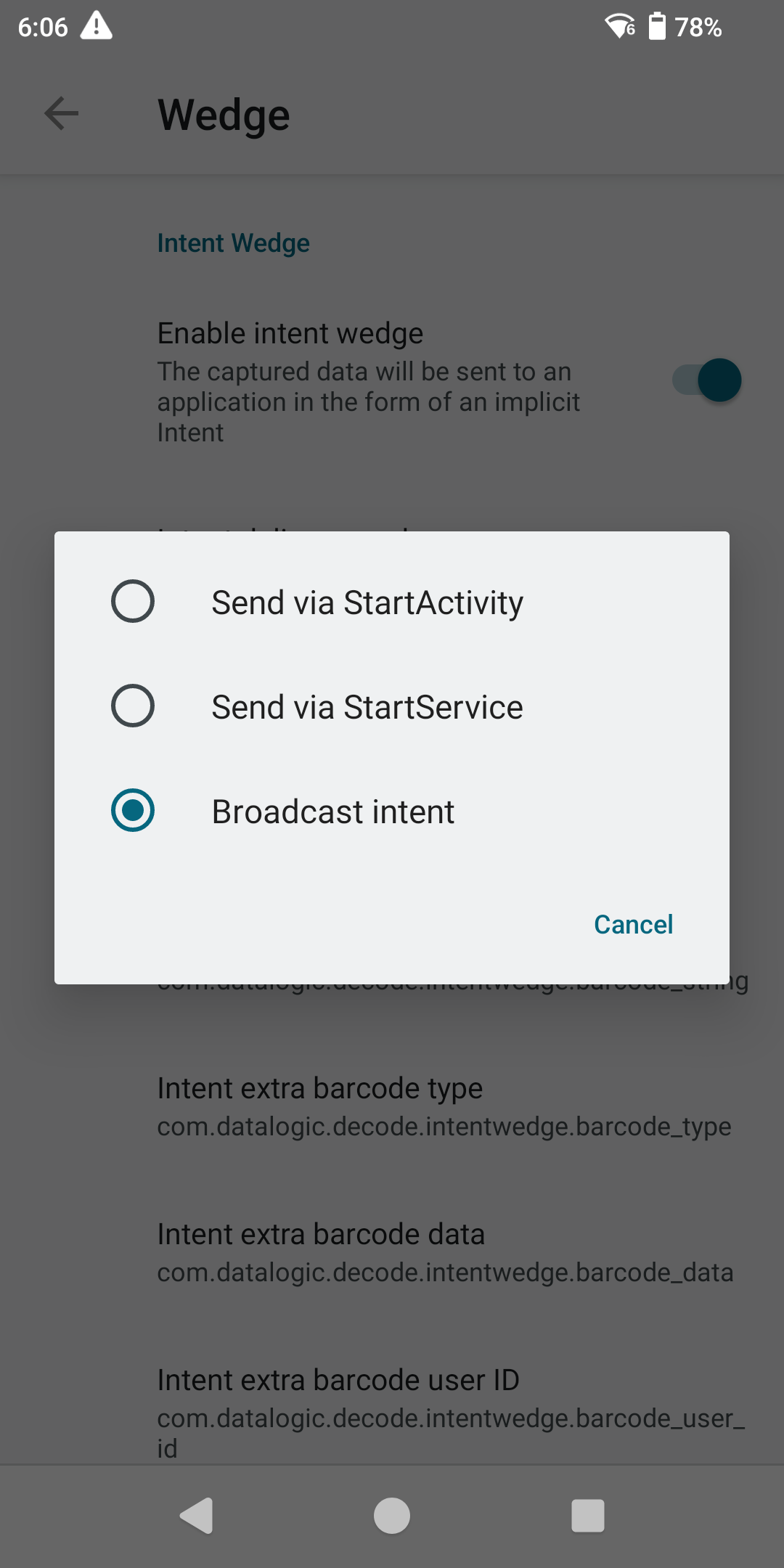 Broadcast intent instelling in een Datalogic apparaat Datalogic settings 2