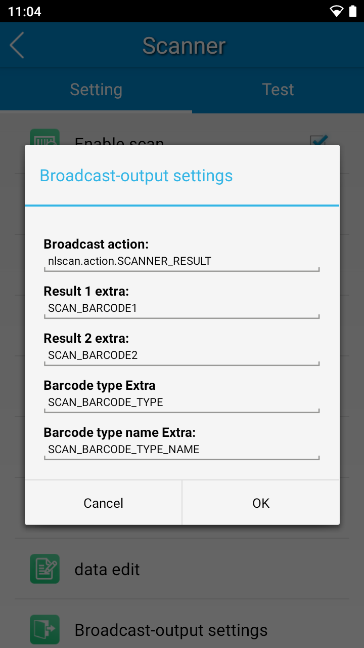 Stel de 'Broadcast action' en 'Result 1 extra' in bij de Newland instellingen Newland settings 3